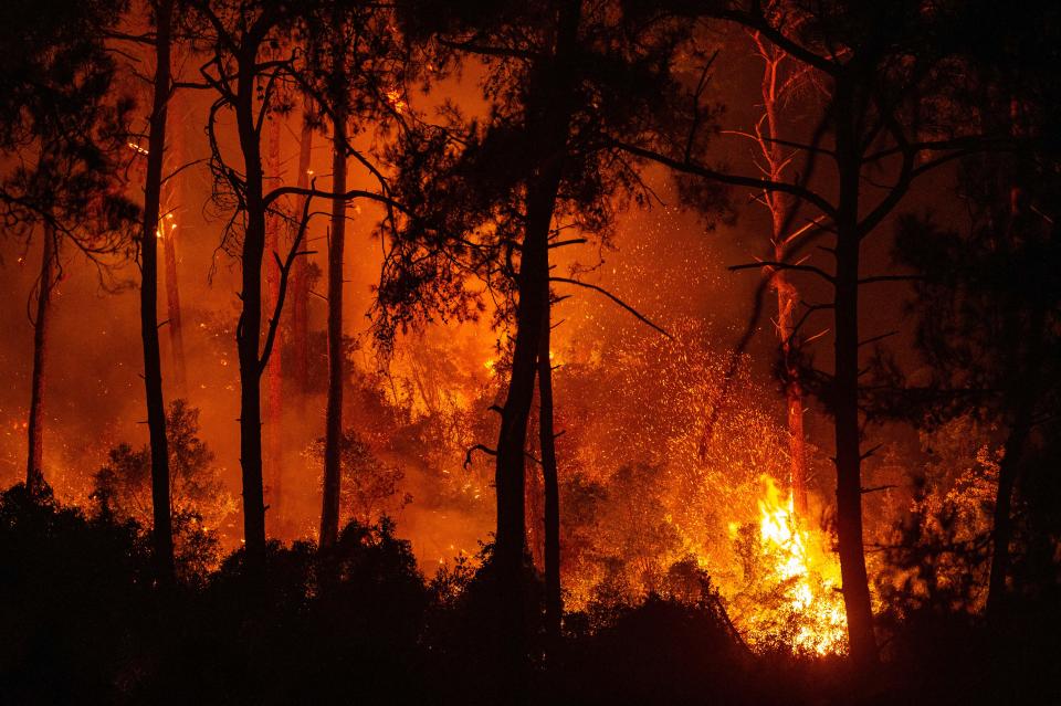 TOPSHOT - This photograph shows a forest burning as a massive wildfire engulfed a Mediterranean resort at the Marmaris district of Mugla, on August 1 2021. - At least three people were reported dead on July 29, 2021 and more than 100 injured as firefighters battled blazes engulfing a Mediterranean resort region on Turkey's southern coast. (Photo by Yasin AKGUL / AFP) (Photo by YASIN AKGUL/AFP via Getty Images)