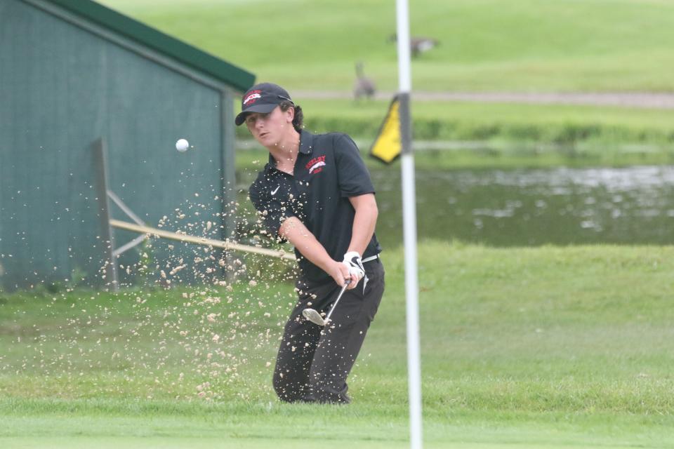 Shelby's Ashton Hoffbauer hits a perfect bunker shot to set up his par and win the 3-man playoff hole to take medalist honors at the Ontario City Golf Tournament on Friday.