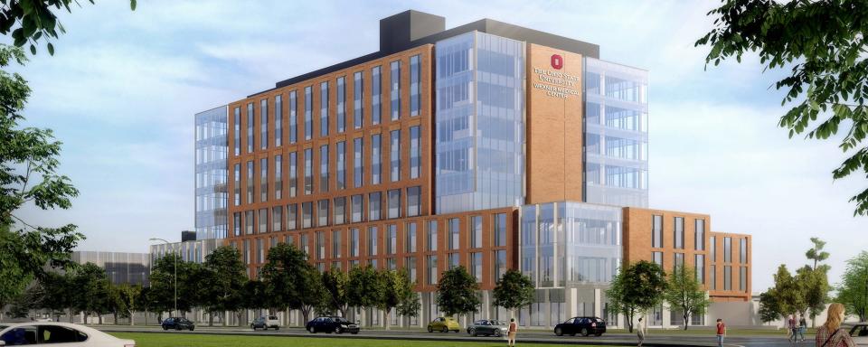 A rendering of the Wexner Medical Center's outpatient care center, planned for Ohio State's West Campus.