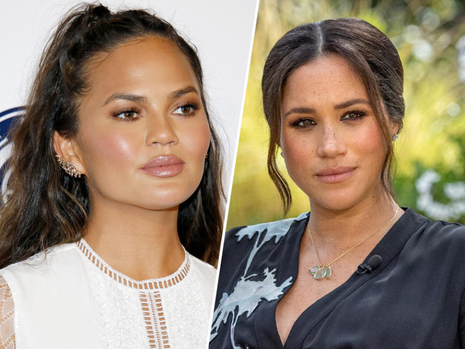 Chrissy Teigen (li.) und Herzogin Meghan verbindet eine turbulente Zeit. (Bild: [M] Tinseltown/Shutterstock.com/TVNOW/Harpo Productions/Joe Pugliese)