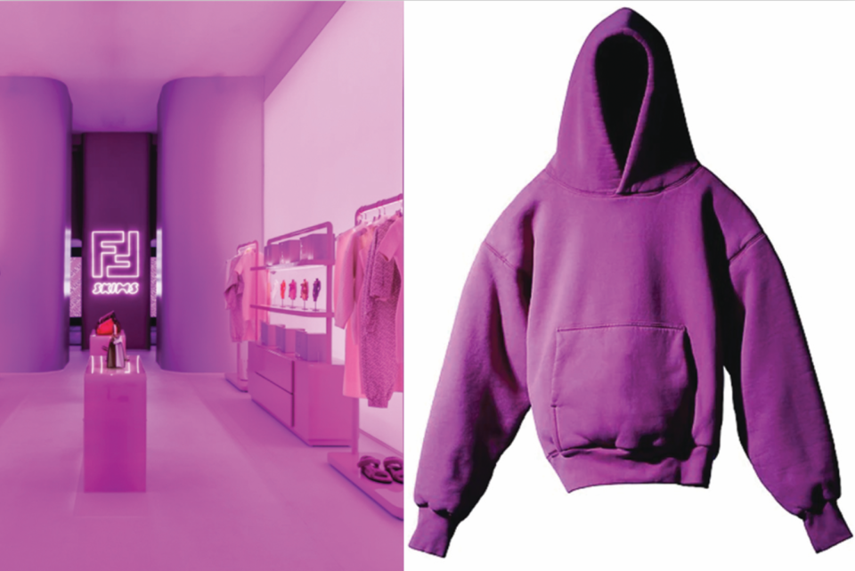 From left: Fendi x Skims pop-up boutique on Rodeo Drive in Beverly Hills; Yeezy Gap Hoodie.