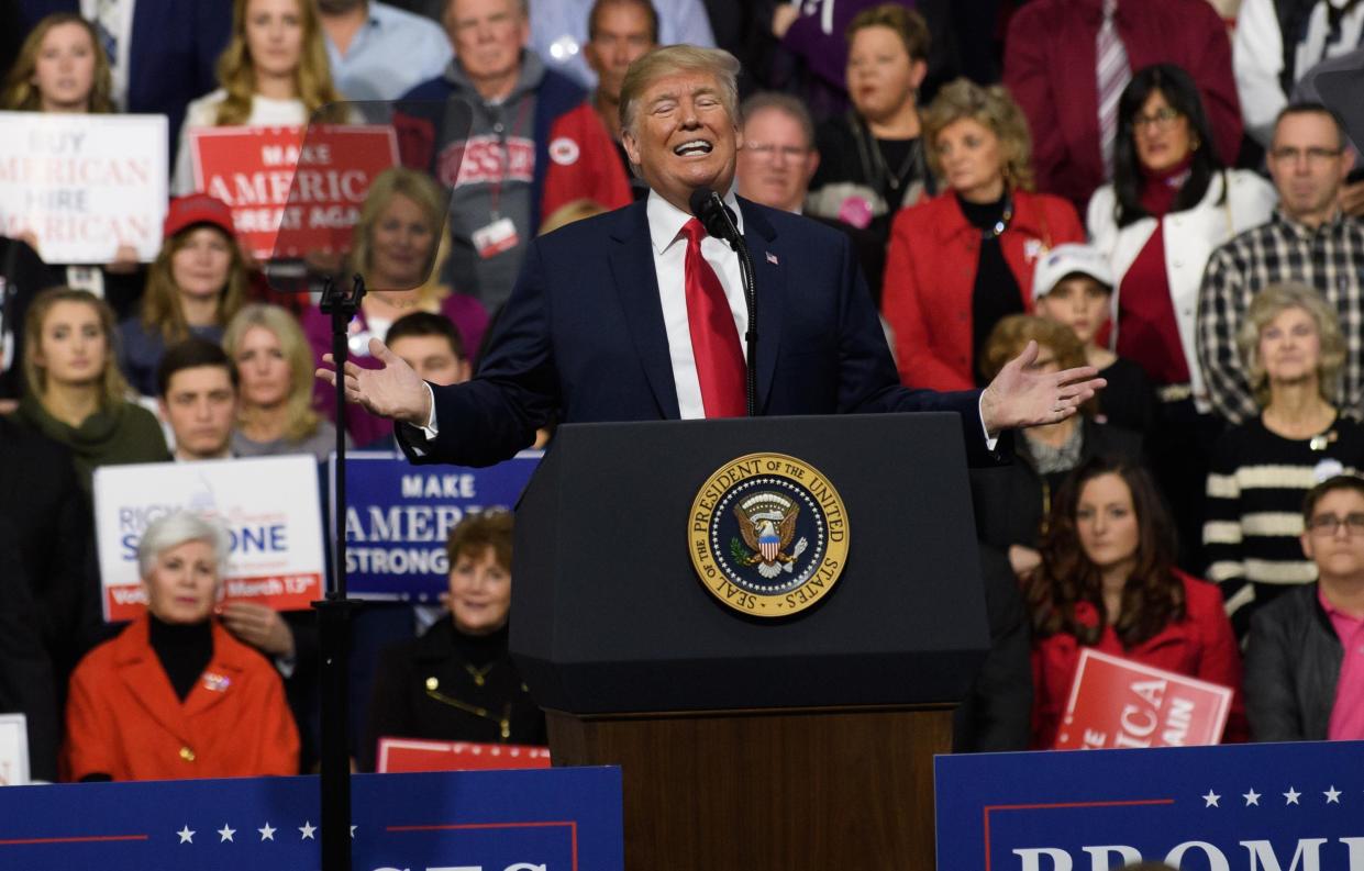 President Donald Trump speaks to supporters at the Atlantic Aviation Hanger in Moon Township, Pennsylvania: Jeff Swensen/Getty Images