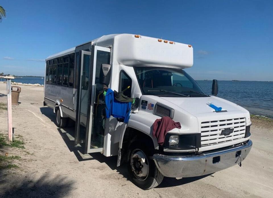 James Gloembiewski’s C-5500 Kodiak shuttle bus is parked on Holmes Beach on Feb. 12, 2023. 