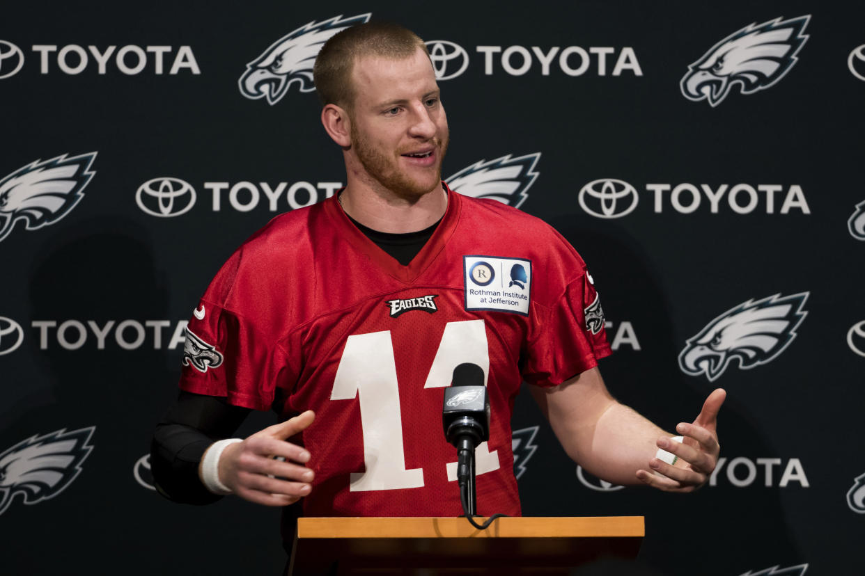Carson Wentz is headed to the White House in early June. (AP Photo/Chris Szagola)