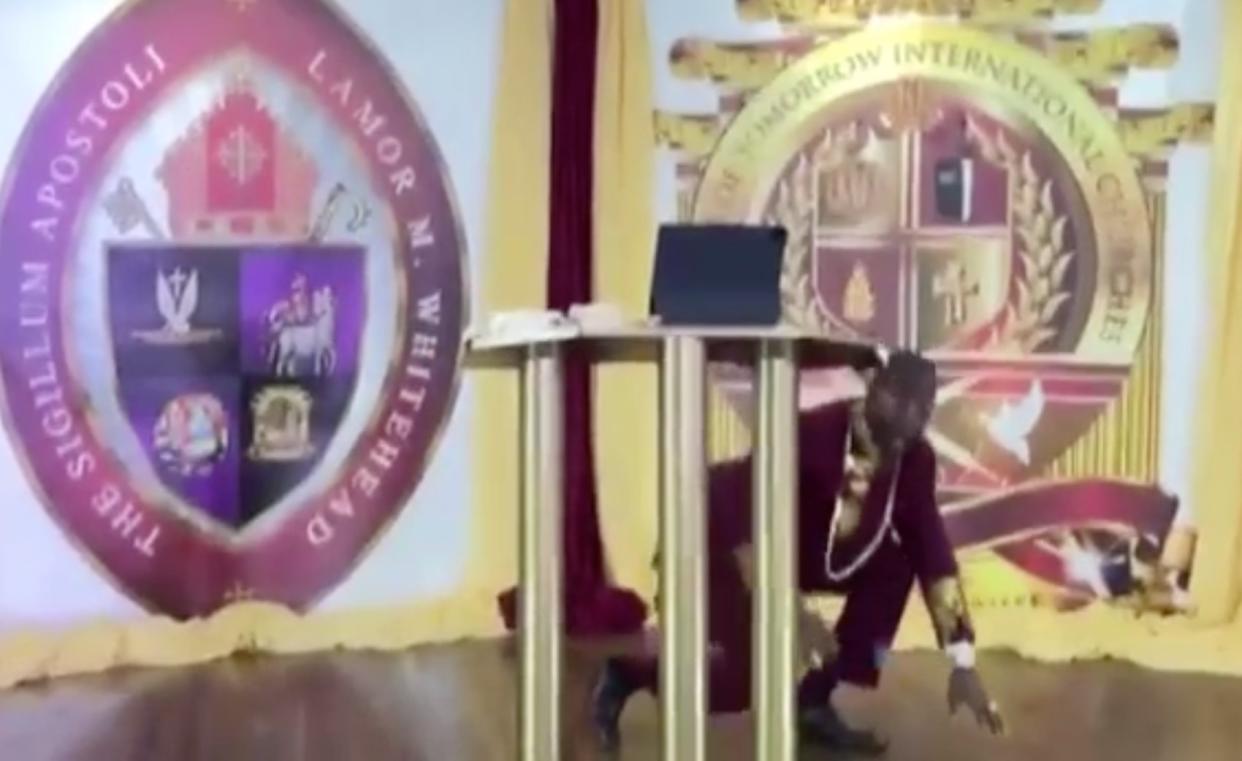 Video live streamed from the sermon shows the pastor being accosted by masked men, one seemingly armed with a gun.