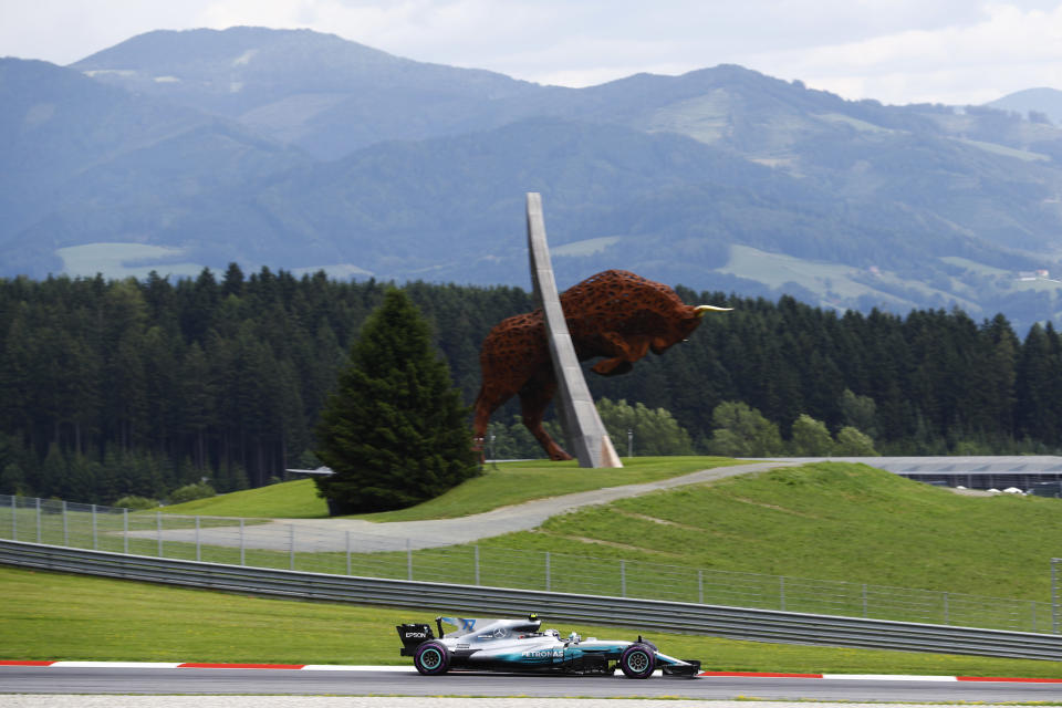 Spot the bull: Valtteri Bottas on his way to victory in Austria last year. Of the current grid, only he and Lewis Hamilton have won at the Red Bull Ring