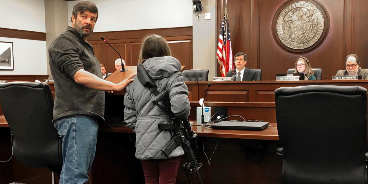 Charles Nielsen, 58, and his 11-year-old granddaughter, Bailey Nielsen, testify before a House panel at the Idaho Statehouse on Monday.