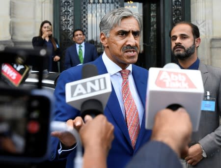 Queen's Counsel Khawar Qureshi is seen outside the International Court of Justice after the issue of a verdict in the case of Indian national Kulbhushan Jadhav, who was sentenced to death by Pakistan in 2017, in The Hague