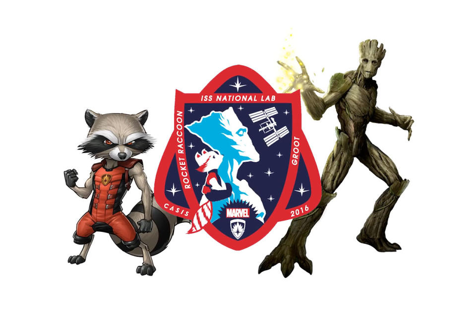 A patch representing all of the payloads launching to the U.S. National Laboratory aboard the International Space Station in 2016 features Marvel Comic'’ Rocket Raccoon and Groot from "Guardians of the Galaxy.&q