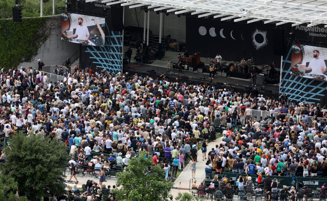 Vampire Weekend performs at the Moody Amphitheater at Waterloo Park in Austin, Monday, April 8, 2024, for a total solar eclipse show. Thousands attended and were equipped with solar eclipse glasses and watched as the eclipse reached totality, while the band paused their performance.
