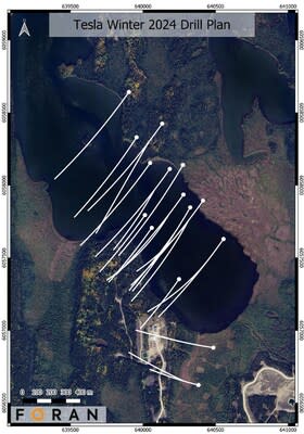 Plan view of winter 2024 planned drill collars and traces, looking NE. Holes are designed to test how ‘big’ Tesla could be and provide addition intersections for the newly-discovered Bridge Zone (CNW Group/Foran Mining Corporation)