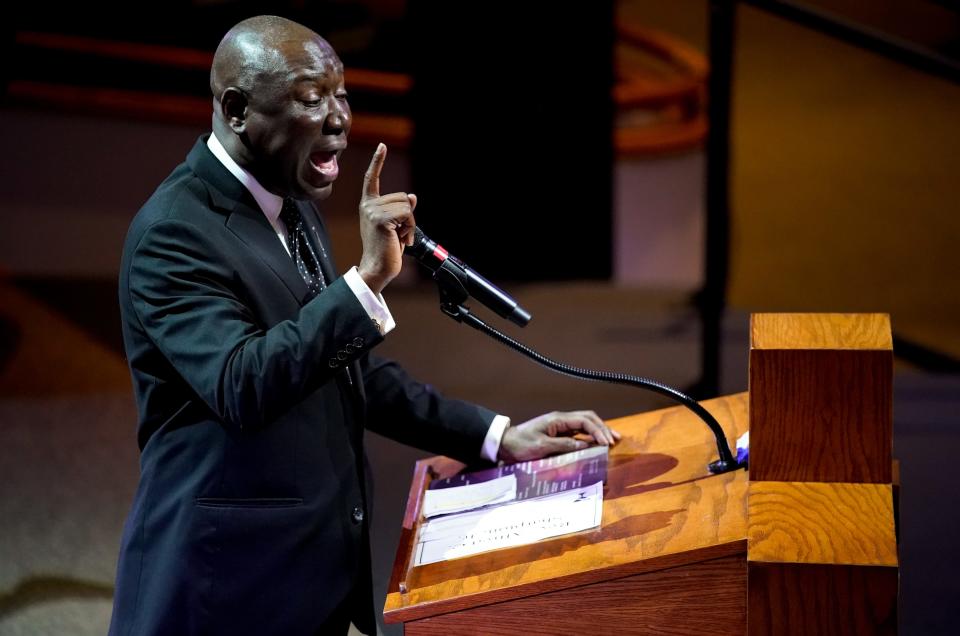 Benjamin Crump speaks during the funeral service for Tyre Nichols at Mississippi Boulevard Christian Church in Memphis, Tenn., on Wednesday, Feb. 1, 2023.
