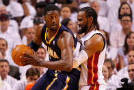 MIAMI, FL - MAY 15: Roy Hibbert #55 of the Indiana Pacers posts up Ronny Turiaf #21 of the Miami Heat during Game Two of the Eastern Conference Semifinals in the 2012 NBA Playoffs at AmericanAirlines Arena on May 15, 2012 in Miami, Florida. NOTE TO USER: User expressly acknowledges and agrees that, by downloading and/or using this Photograph, User is consenting to the terms and conditions of the Getty Images License Agreement. (Photo by Mike Ehrmann/Getty Images)