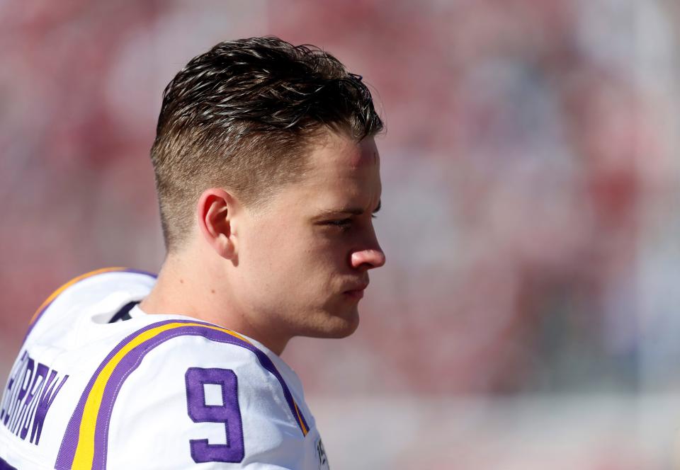 LSU quarterback Joe Burrow (9) is shown before facing Alabama this season at Bryant-Denny Stadium.