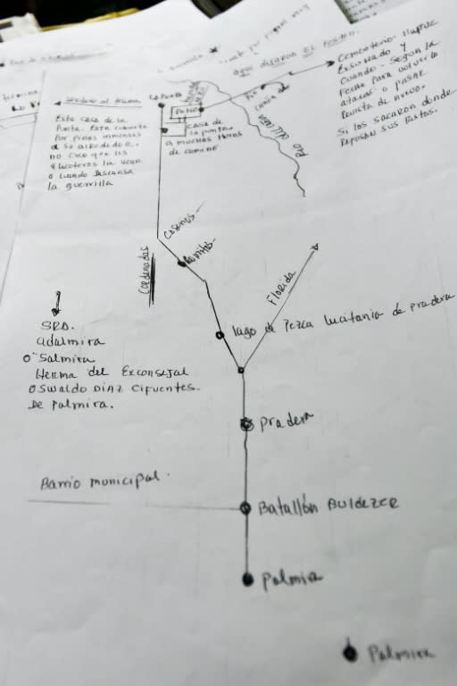 View of a map given by an alleged FARC member to Zamira Diaz showing where the body of her brother Oswaldo Diaz, kidnapped by the FARC in October 2001, is buried