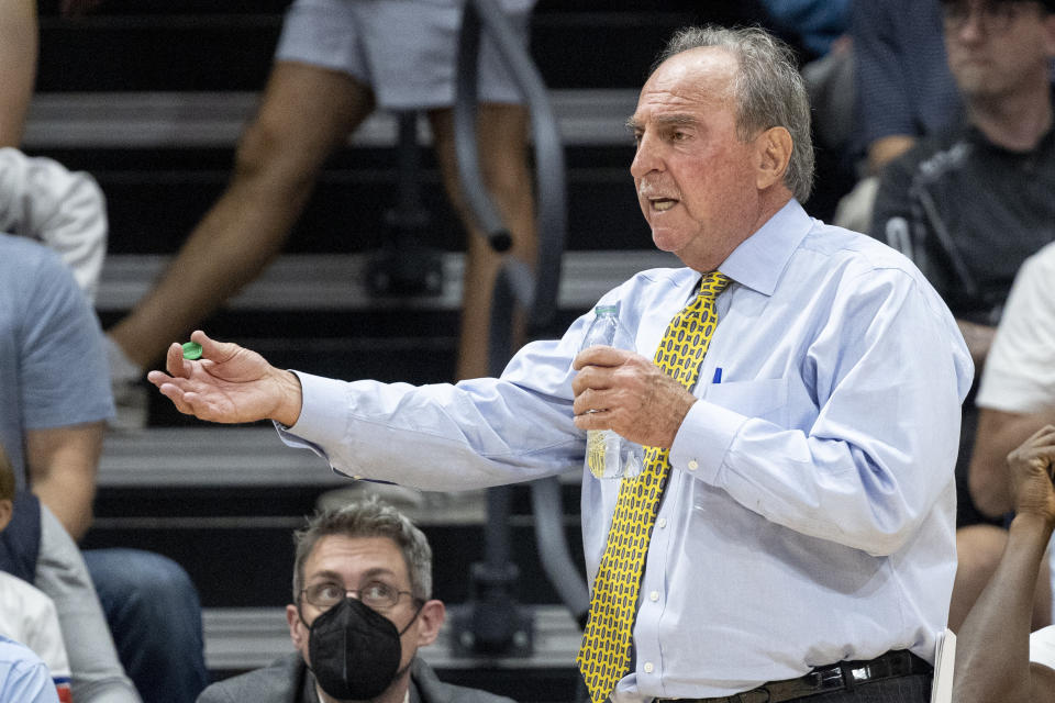 FILE - La Salle coach Fran Dunphy shouts during the second half of the team's NCAA college basketball game against Villanova, Monday, Nov. 7, 2022, in Villanova, Pa. As college hoops evolved, the Big 5 was dying on the vine in Philly, so after years of traditionalists squawking -- and attendance and interest waned and teams outside of the Main Line saw their programs sink -- the time was ripe for a change. (AP Photo/Laurence Kesterson, File)