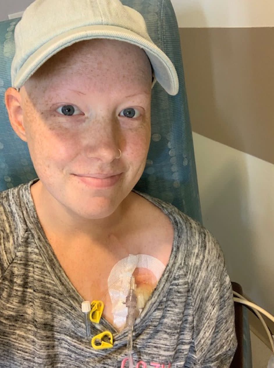 Plum receiving chemotherapy in 2019. (Photo: Courtesy of Erin Plum)