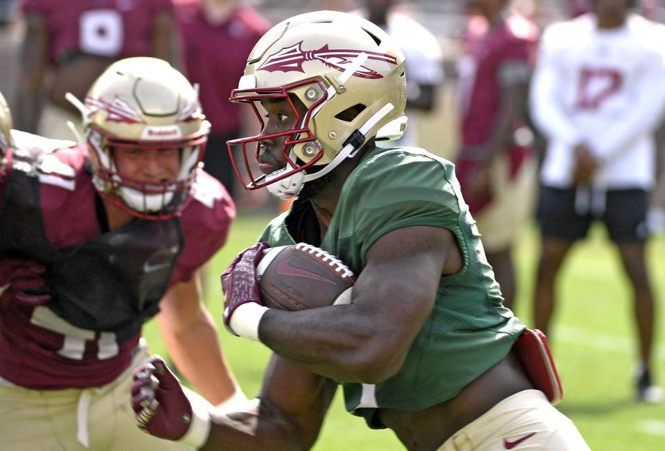 Apr 15, 2023; Tallahassee, FL, USA; Florida State Seminoles running back Trey Benson (3) runs the ball during the spring game at Doak Campbell Stadium. Mandatory Credit: Melina Myers-USA TODAY Sports