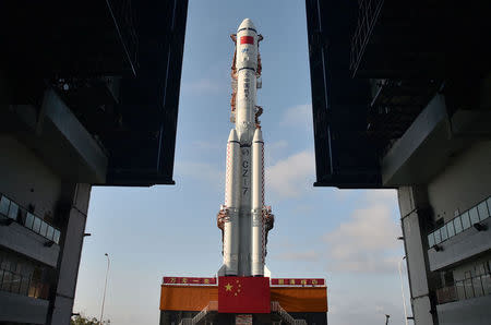 Long March-7 rocket and Tianzhou-1 cargo spacecraft are seen as they are transferred to a launching spot in Wenchang, Hainan province, China, April 17, 2017. China Daily/via REUTERS