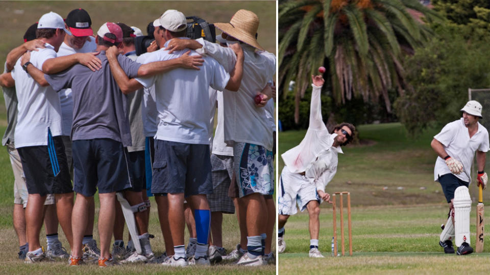 Men embrace (left) man in white bowls a cricket ball (right).