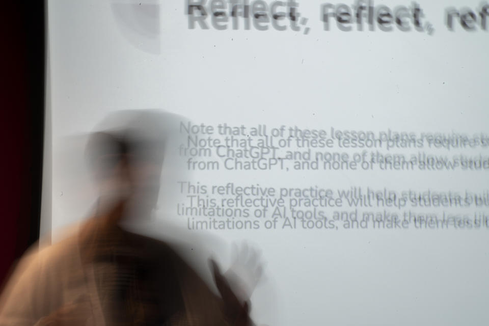 Dr. Stephanie Laggini Fiore, Associate Vice Provost and Sr. Director of the Center for the Advancement of Teaching, hosts a faculty teaching circle on artificial intelligence on Wednesday, Aug. 9, 2023, at Temple University in Philadelphia. Educators say they want to embrace the technology’s potential to teach and learn in new ways, but when it comes to assessing students, they see a need to “ChatGPT-proof” test questions and assignments. (AP Photo/Joe Lamberti)