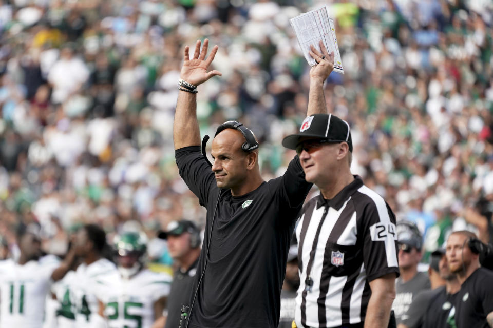 New York Jets head coach Robert Saleh reacts on the sidelines during overtime of an NFL football game against the Tennessee Titans, Sunday, Oct. 3, 2021, in East Rutherford, N.J. (AP Photo/Seth Wenig)