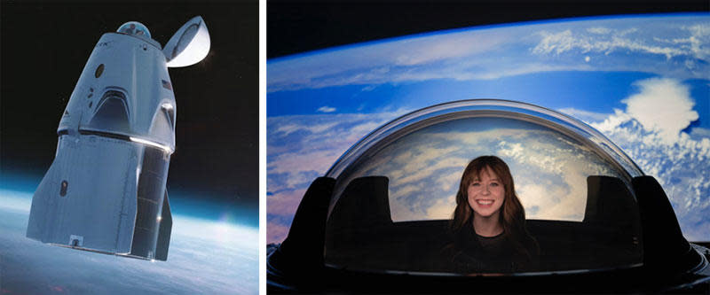 SpaceX modified the Inspiration4 Crew Dragon, replacing the docking mechanism normally used for NASA flights to the space station with a clear multi-layer dome, giving the crew an unimpeded 360-degree view of Earth and space. Crew member Hayley Arceneaux, right, checks it out on the ground. / Credit: SpaceX, Inspiration4, CBS News