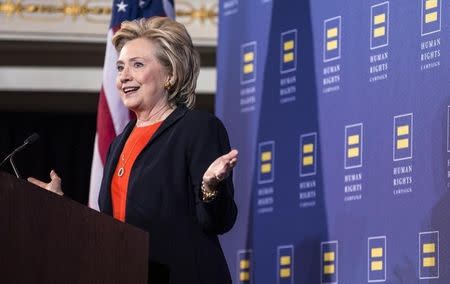 Democratic presidential candidate Hillary Clinton speaks to supporters at the Human Rights Campaign Breakfast in Washington, October 3, 2015. REUTERS/Joshua Roberts