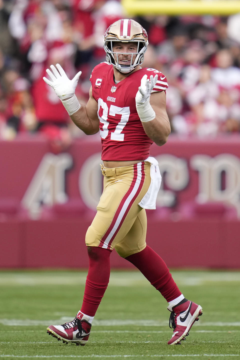 San Francisco 49ers defensive end Nick Bosa (97) reacts after sacking Arizona Cardinals quarterback David Blough during the first half of an NFL football game in Santa Clara, Calif., Sunday, Jan. 8, 2023. (AP Photo/Godofredo A. Vásquez)