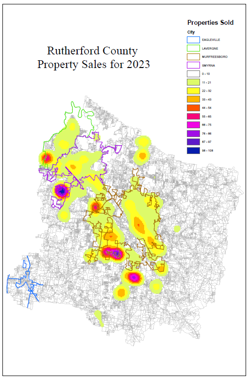 This heat map from the Rutherford County Property Assessor's Office shows in darker blue color where most property sales have taken place in 2023 in the county and its cities.