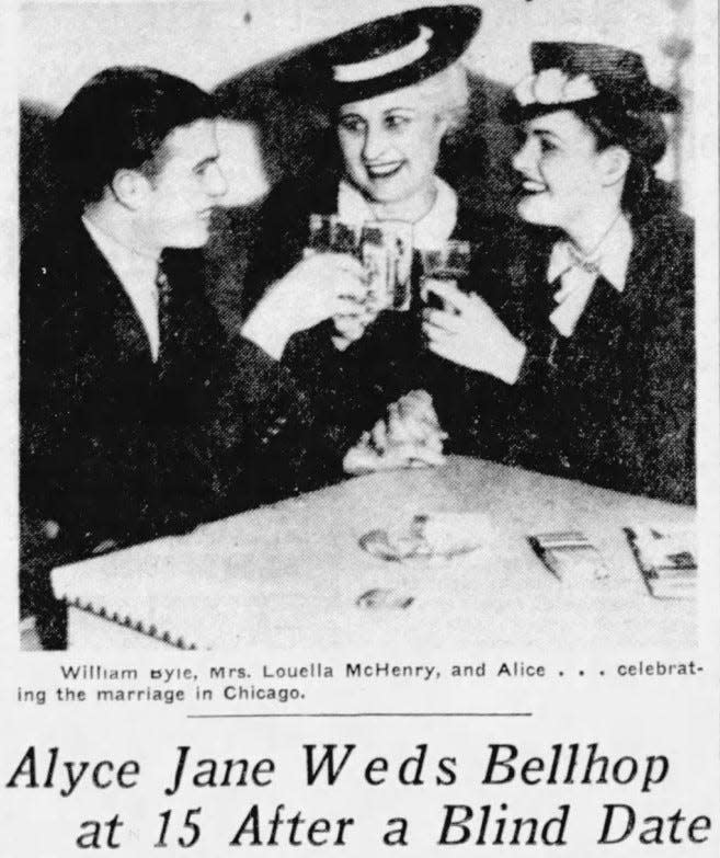 A newspaper clipping shows William K. Byle, Louella McHenry and Alyce Jane McHenry, 15, celebrating after Byle and Alyce Jane McHenry were married in 1940.