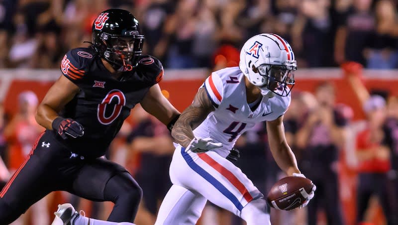 Arizona receiver Tetairoa McMillan (4) makes the one handed catch against Utah Saturday, Sept. 28, 2024, in Salt Lake City, Utah.