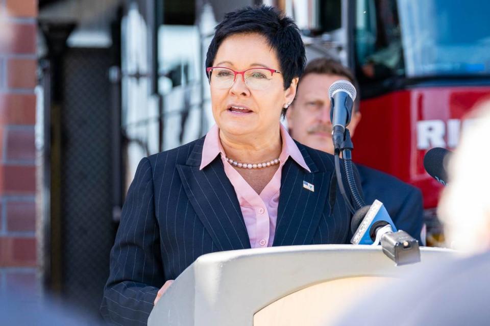 U.S. Fire Administrator Dr. Lori Moore-Merrell speaks on the efforts of national and local fire agencies to inform the public on the dangers of wildfires during a press conference at the Sacramento Metropolitan Fire District Firehouse 68 in Rancho Cordova, Thursday, April 20, 2023.