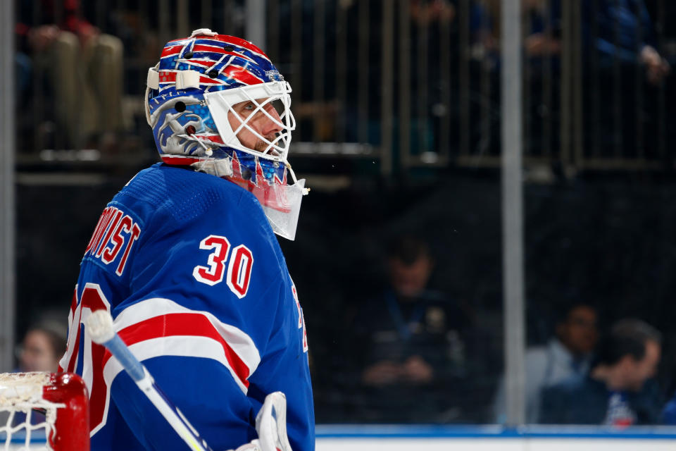 NEW YORK, NY - DECEMBER 27:  Henrik Lundqvist #30 of the New York Rangers tends the net against the Carolina Hurricanes at Madison Square Garden on December 27, 2019 in New York City. (Photo by Jared Silber/NHLI via Getty Images)