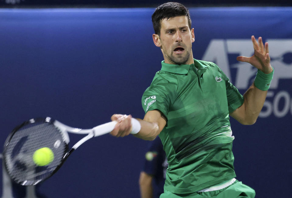 Novak Djokovic, pictured here in action against Lorenzo Musetti in Dubai.