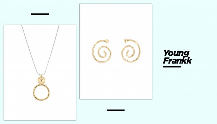 The Young Frankk Circle Orb necklace, left, and Spiral Earrings. (Photo: Courtesy of Young Frankk)