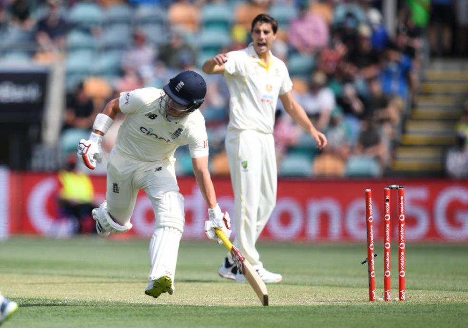 England opener Rory Burns is run out by Marnus Labuschagne on day two of the fifth Ashes Test (Darren England via AAP). (PA Media)