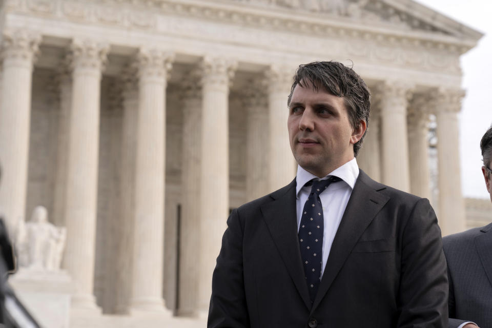 Colorado lead attorney Jason Murray, speaks to the media after the court hearing outside of the U.S. Supreme Court, Thursday, Feb. 8, 2024, in Washington. (AP Photo/Jose Luis Magana)