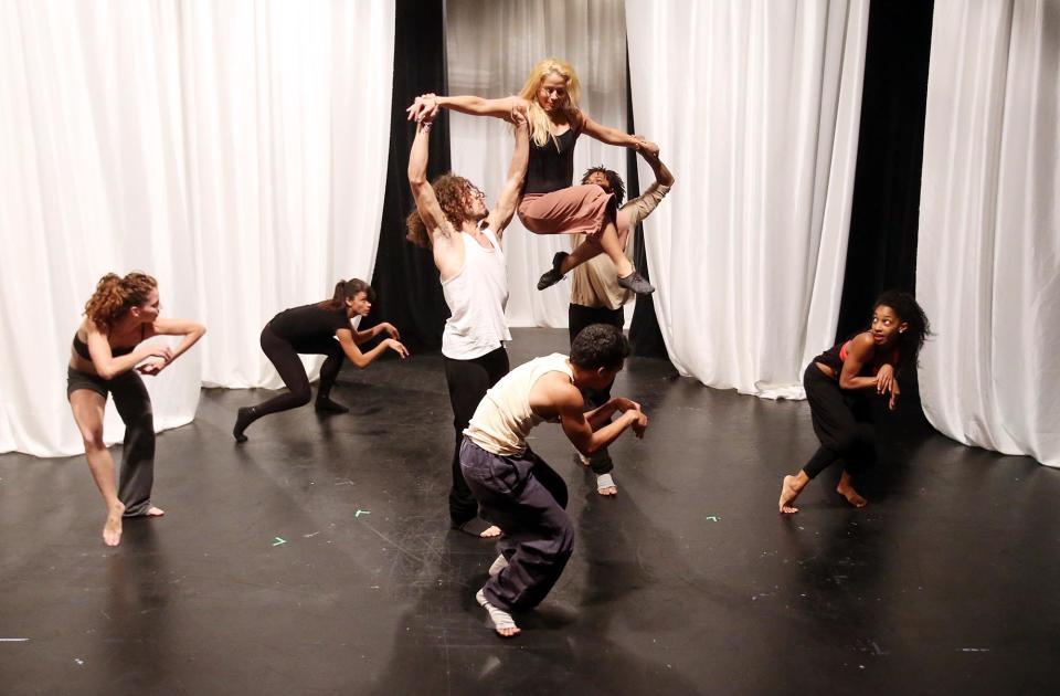 Scholar Artists rehearse in the Allen Bales Theatre on the University of Alabama campus in Tuscacloosa, Ala. for Alcestis Ascending Friday, June 21, 2013. The show will feature more than a dozen Cuban scholar-actor-dancers, joined by some University of Alabama students, and will be performed in Tuscaloosa July 1-5, before moving to an off-off-Broadway run in New York City, then down to Havana to open a theater there. (AP Photo/The Tuscaloosa News, Michelle Lepianka Carter)