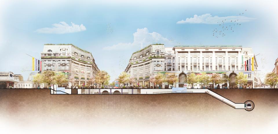 A cross-section of Oxford St showing the two new entrances into the London underground