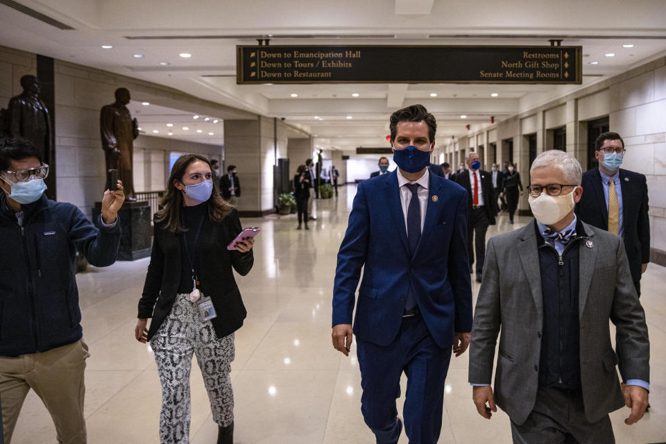 U.S. Rep. Matt Gaetz (R-FL) (2nd R) leaves a GOP meeting at the U.S. Capitol on February 03, 2021 in Washington, DC. Ten House Republicans voted to impeach former President Donald Trump for inciting the insurrection at the U.S. Capitol. / Credit: Tasos Katopodis / Getty Images