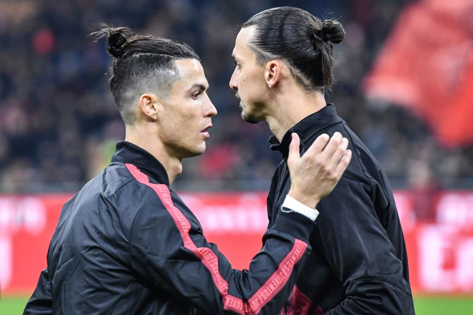 Cristiano Ronaldo and Zlatan Ibrahimovic exchanged pleasantries before the match. (Alberto Pizzoli/Getty)