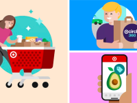 A collection of Target graphics in front of colored backgrounds.