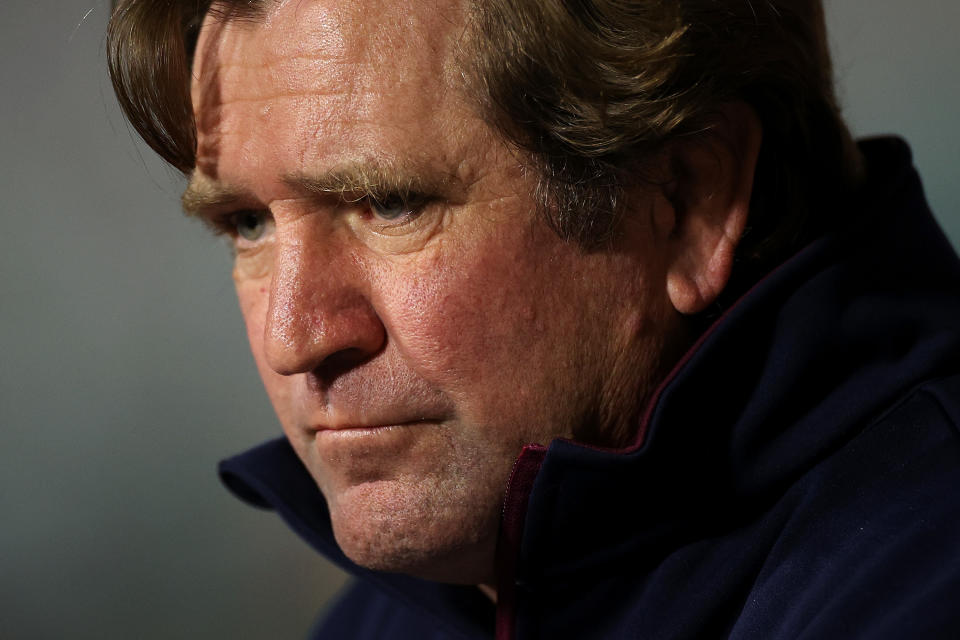 Sea Eagles coach Des Hasler talks during a press conference.