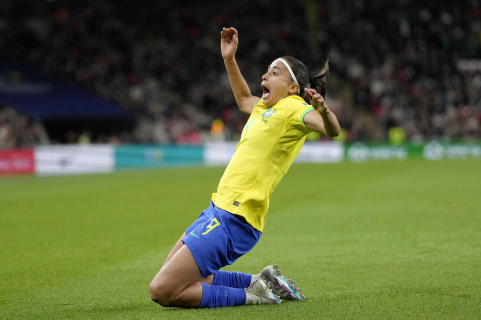 Brazil's Andressa Alves celebrates after scoring her side's first goal during the Women's Finalissima soccer match between England and Brazil at Wembley stadium in London, Thursday, April 6, 2023. (AP Photo/Kirsty Wigglesworth)