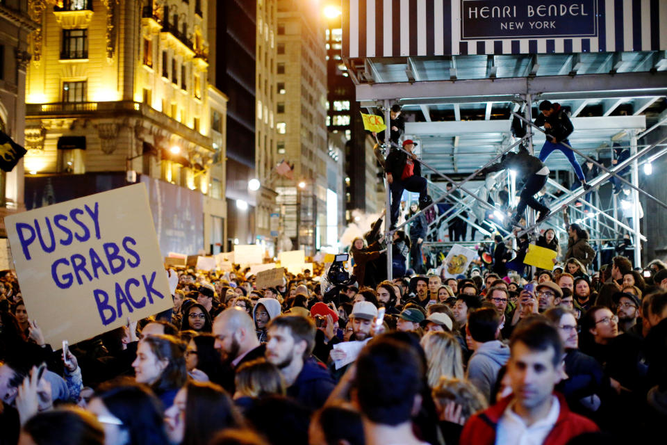 Protesters reach Trump Tower as they march against Republican president-elect president Donald Trump in the neighborhood of Manhattan in New York, U.S., November 09, 2016. REUTERS/Eduardo Munoz&nbsp;