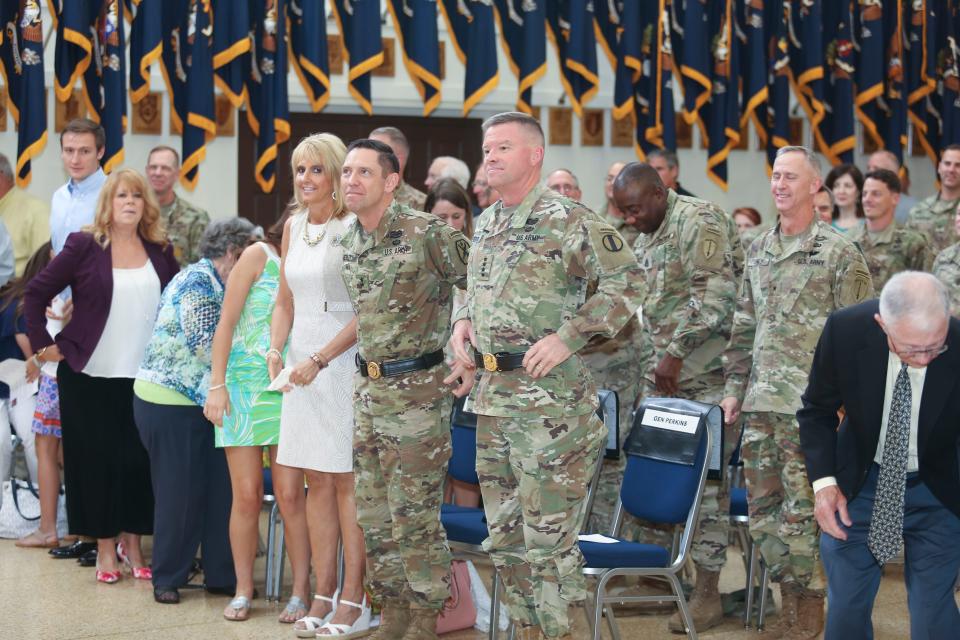 Gen. David Perkins, then the Army Training and Doctrine Command's top general, oversaw the major general promotion of his former brigade executive officer, Eric Wesley, on June 20, 2016 at Fort Benning, Georgia. (Markeith Horace/Army)