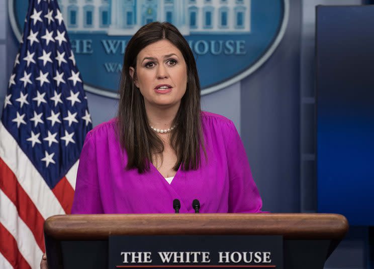 Principal Deputy White House Press Secretary Sarah Huckabee Sanders always wears the same pearl necklace. (Photo: Nicholas Kamm/AFP/Getty Images)