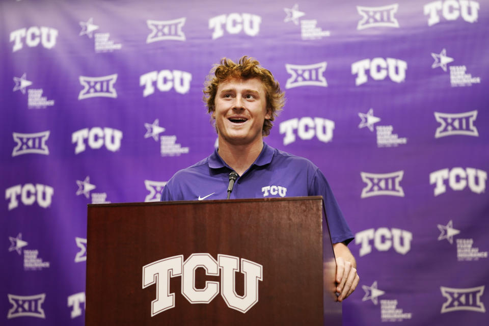 TCU quarterback Max Duggan speaks to reporters in Fort Worth, Texas, Tuesday, Jan. 3, 2023. TCU plays Georgia in the national championship NCAA college football game on Monday. (AP Photo/LM Otero)