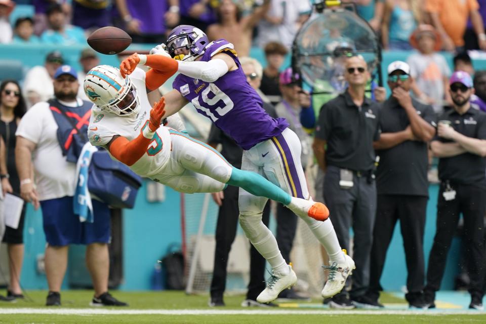 Dolphins cornerback Noah Igbinoghene breaks up a pass intended for Vikings receiver Adam Thielen during last Sunday's game at Hard Rock Stadium.